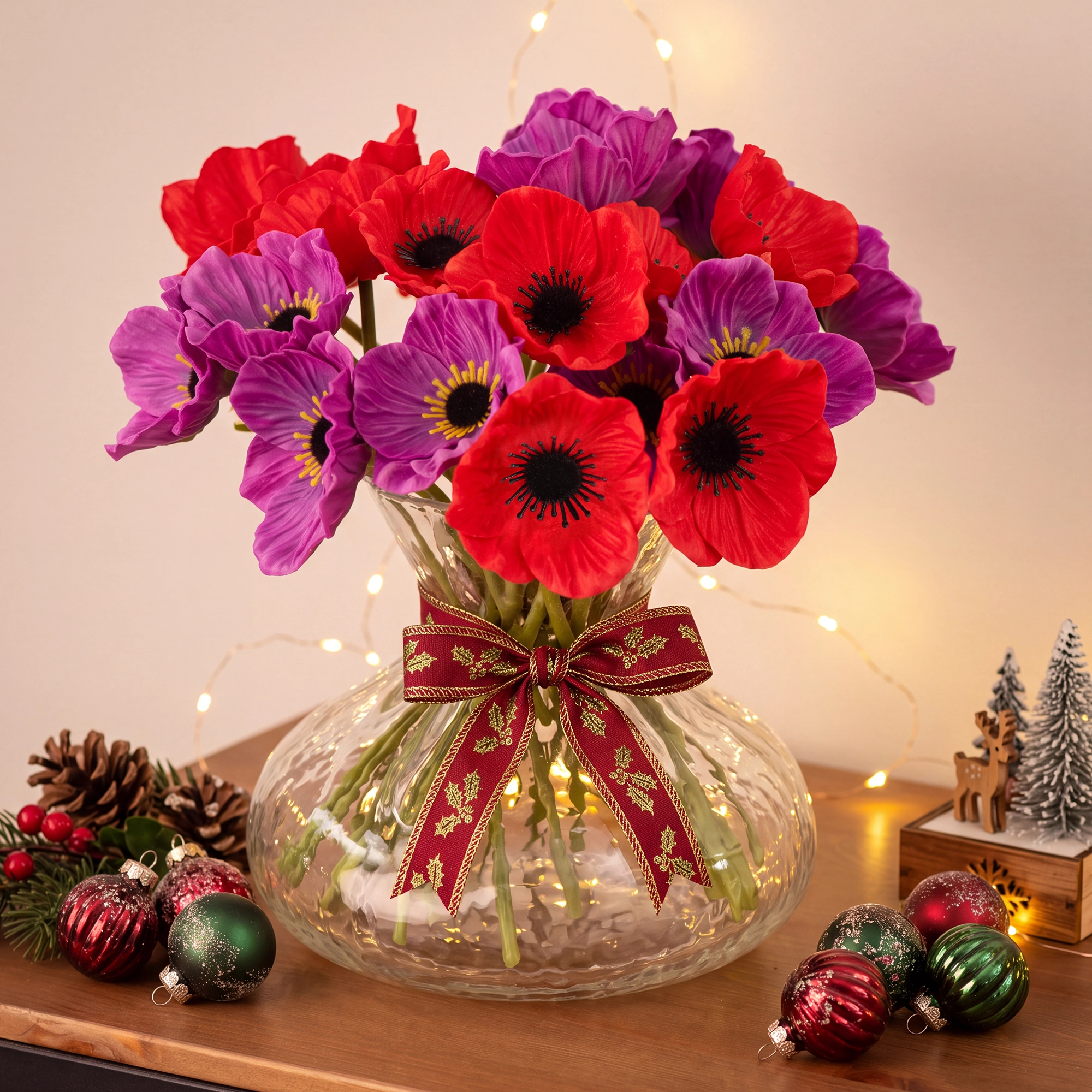 A mix of Red and Purple Poppy Stems in a festive decorated scene